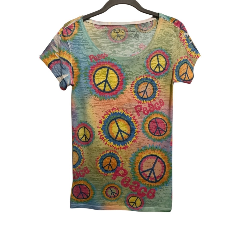 L.O.L. Vintage Peace Sign T-Shirt Womens Medium Multicolor Tie Dye Burnout Retro